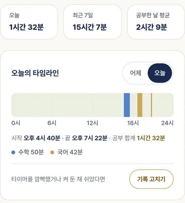 내 기록 화면. 오늘 1시간 32분, 최근 7일 15시간 7분, 공부한 날 평균 2시간 9분과 오늘의 타임라인
